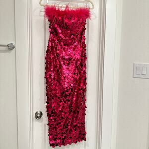 NWT‎ Nookie Electra Feather Trim Sequin Midi Dress in Fuchsia Size Small
